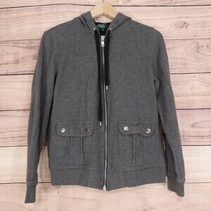 Lauren Ralph‎ Lauren Hoodie Womens Medium Gray Full Zip Snap Flap Pockets Casual